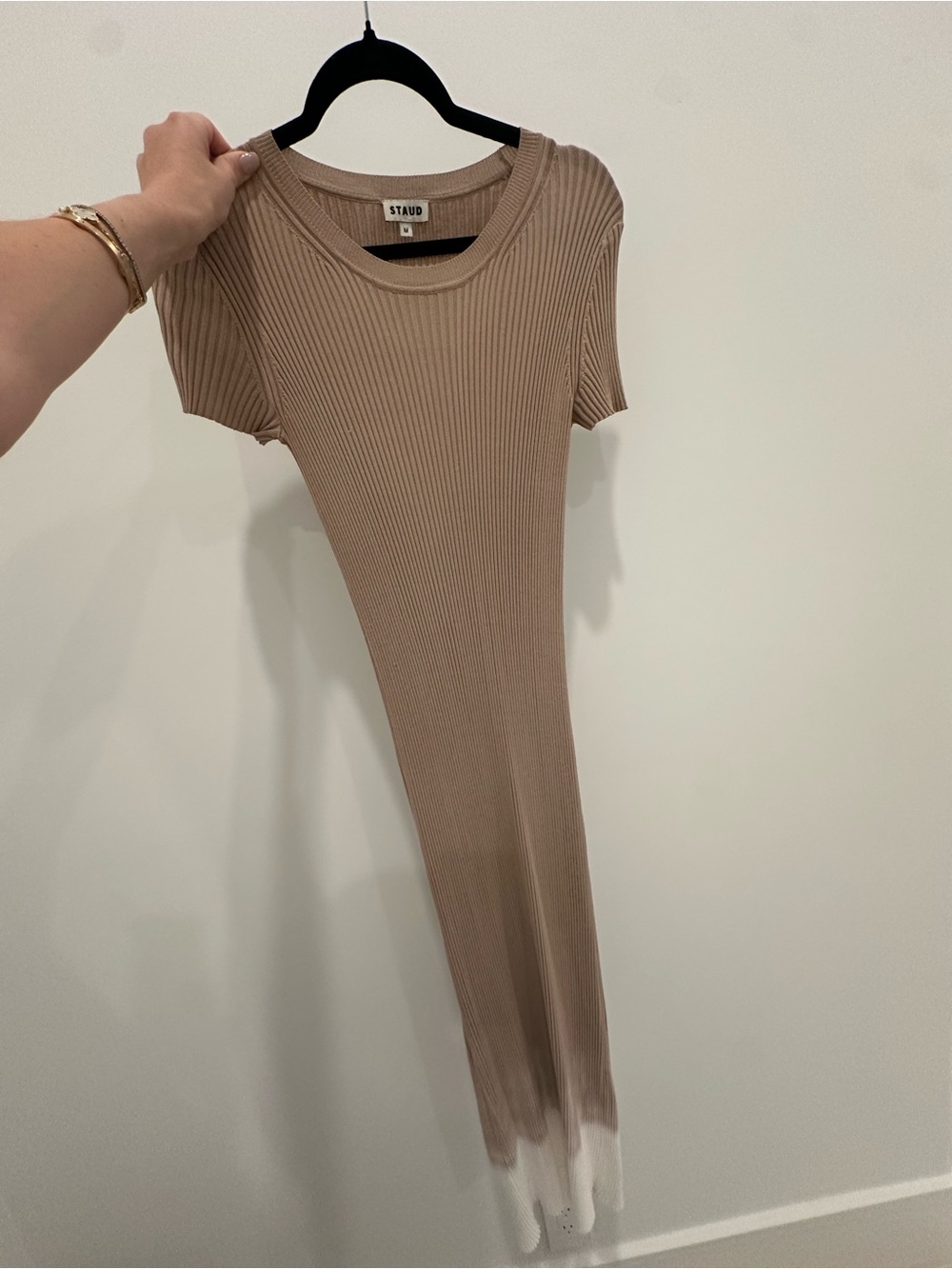 STAUD Taupe Short Sleeve Ribbed Maxi Dress with White Dip Hem